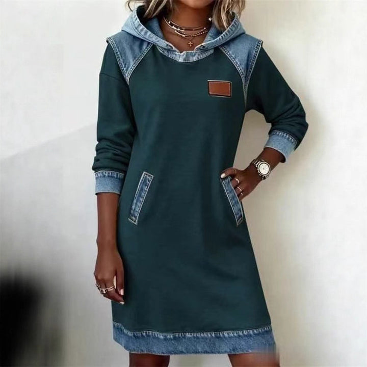 Damen nan Kapuzen-Sweatkleid mit Jeans-Applikationen, Kängurutaschen und lässigem Schnitt Drune