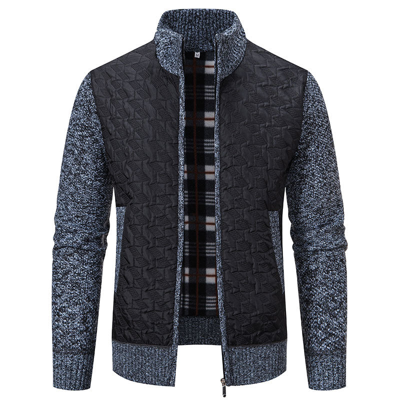Herren gesteppte Strick‑Hybridjacke mit Stehkragen, durchgehendem Reißverschluss und kariertem Futter Drune