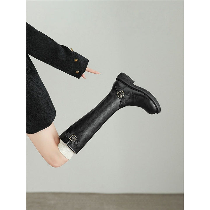 Damen Kniehohe Lederoptik-Stiefel mit verstellbaren Zierschnallen Drune