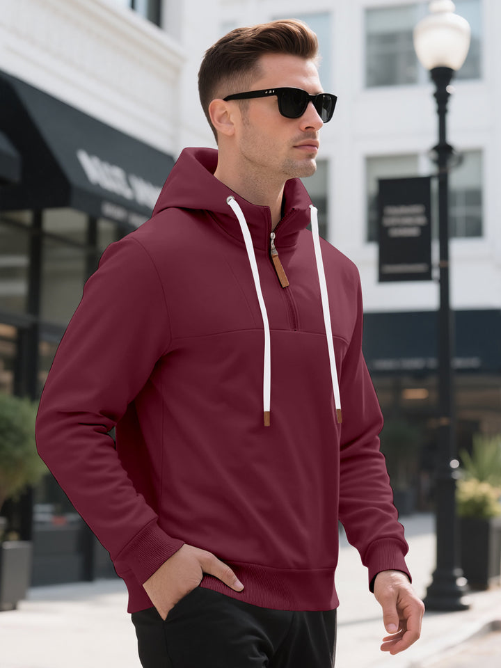 Herren Halbzip-Kapuzenpullover mit Stehkragen, Kordelzug und Lederdetails Drune