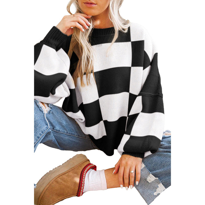 Damen Oversized Pullover mit Karomuster und voluminösen Ärmeln Drune