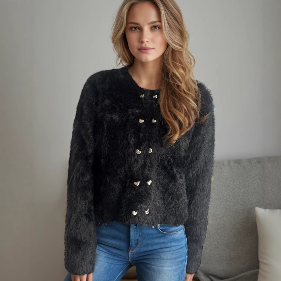 Damen weich gestrickter Bolero mit dekorativen Herzknöpfen Drune