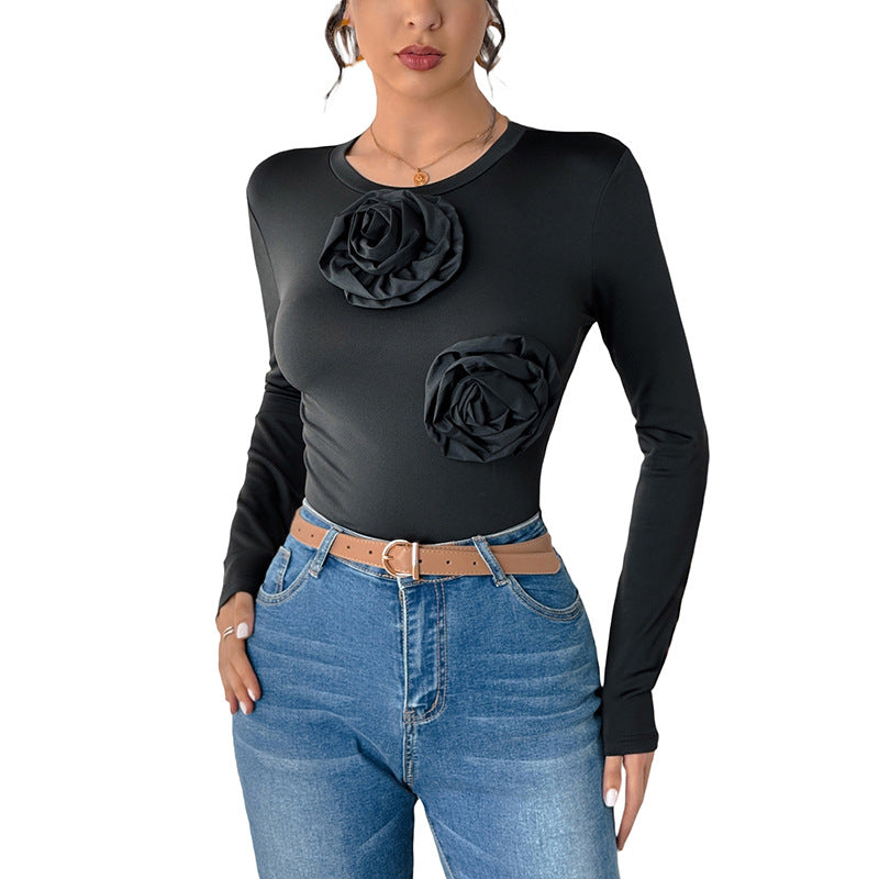 Damen Langärmliger Sculpting-Body mit 3D-Rosen-Applikationen Drune