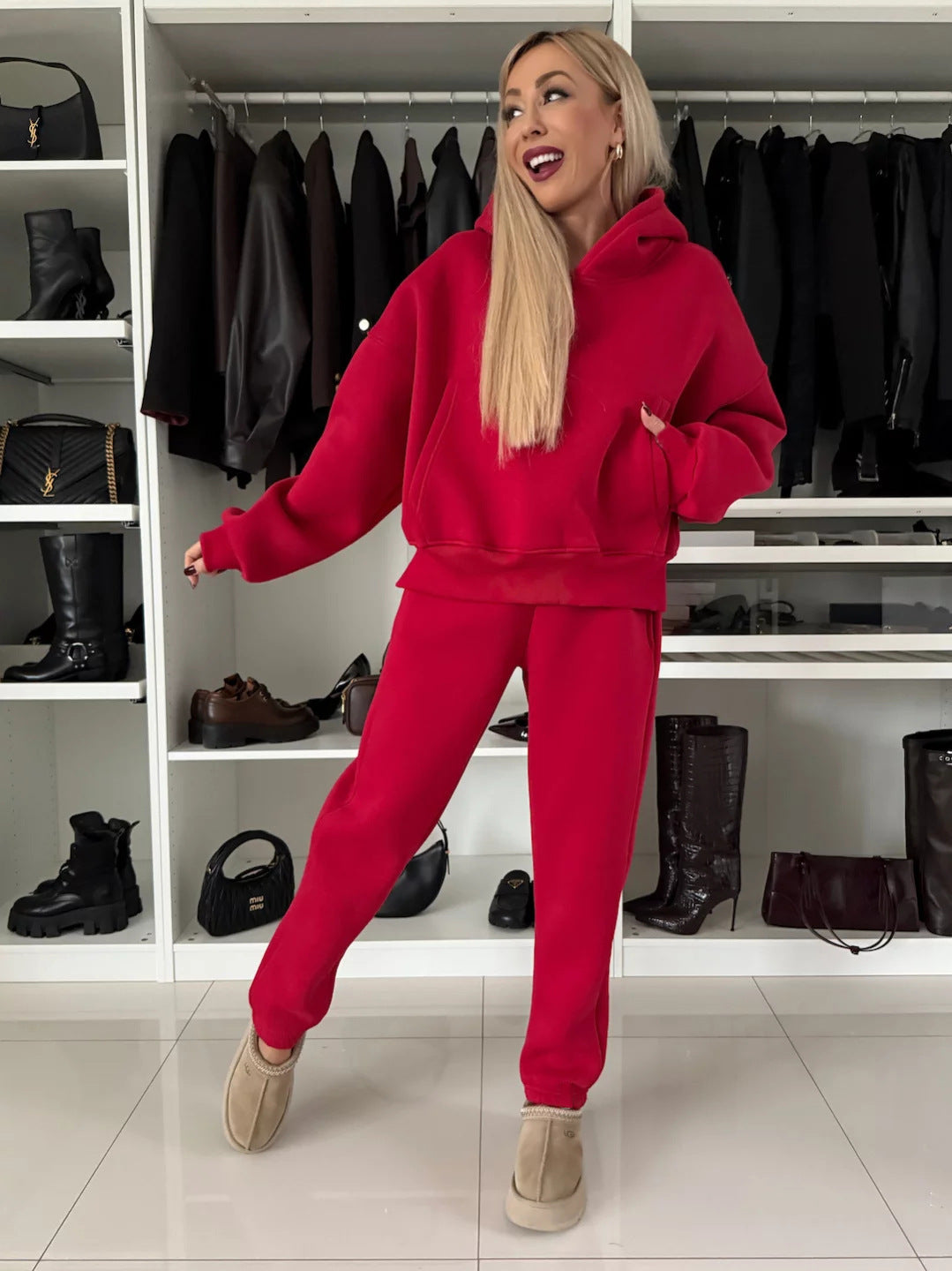 Damen Kurzgeschnittenes Kapuzen-Hoodie und High‑Waist Jogginghose Set aus weichem French-Terry Drune