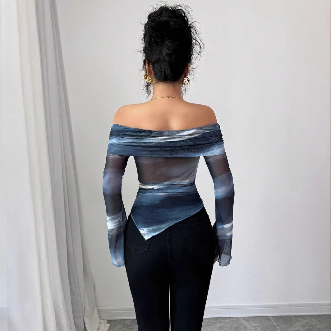 Damen nan schulterfreies Mesh-Wickeltop mit asymmetrischem Zipfelsaum und langen ausgestellten Ärmeln Drune