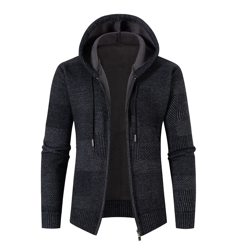 Herren Strick-Kapuzenjacke mit durchgehendem Reißverschluss, gefütterter Kapuze und strukturierter Patchwork-Optik Drune