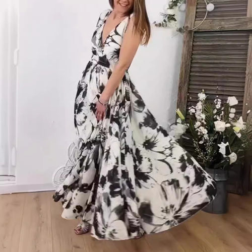 Damen nan voluminöses A-Linien Maxikleid mit tiefem V-Ausschnitt, taillierter Bindeschärpe und großfloralem Pinselprint Drune