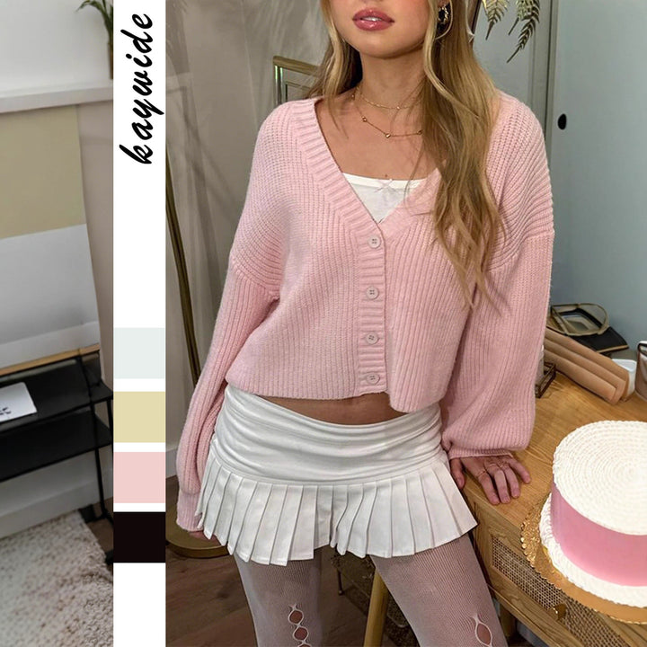 Damen nan kurzes Rippstrick-Cardigan mit Oversize-Balloonärmeln und Knopfleiste Drune