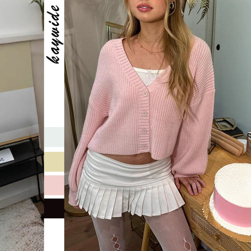 Damen nan kurzes Rippstrick-Cardigan mit Oversize-Balloonärmeln und Knopfleiste Drune