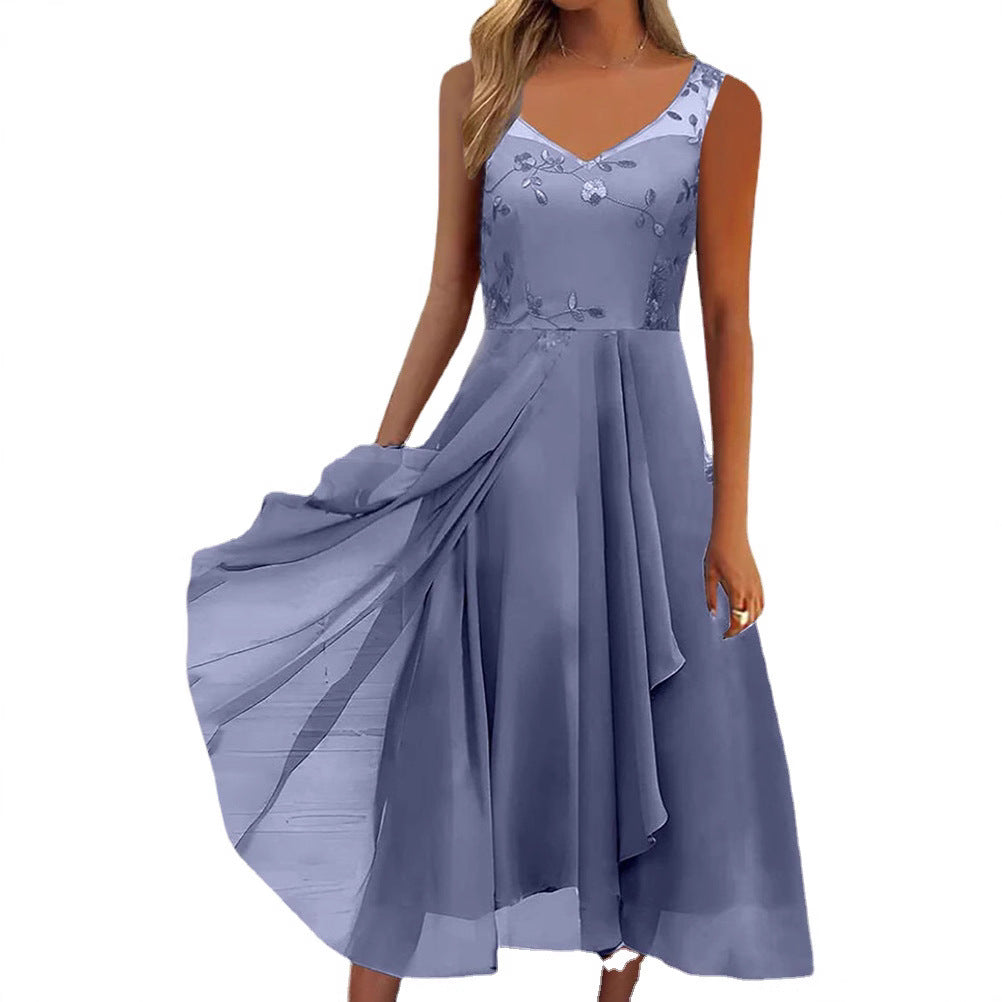 Damen nan A-Linien-Chiffonkleid mit floralem Stickoberteil, V-Ausschnitt, drapiertem Godet-Schwung und verdeckten Seitentaschen Drune