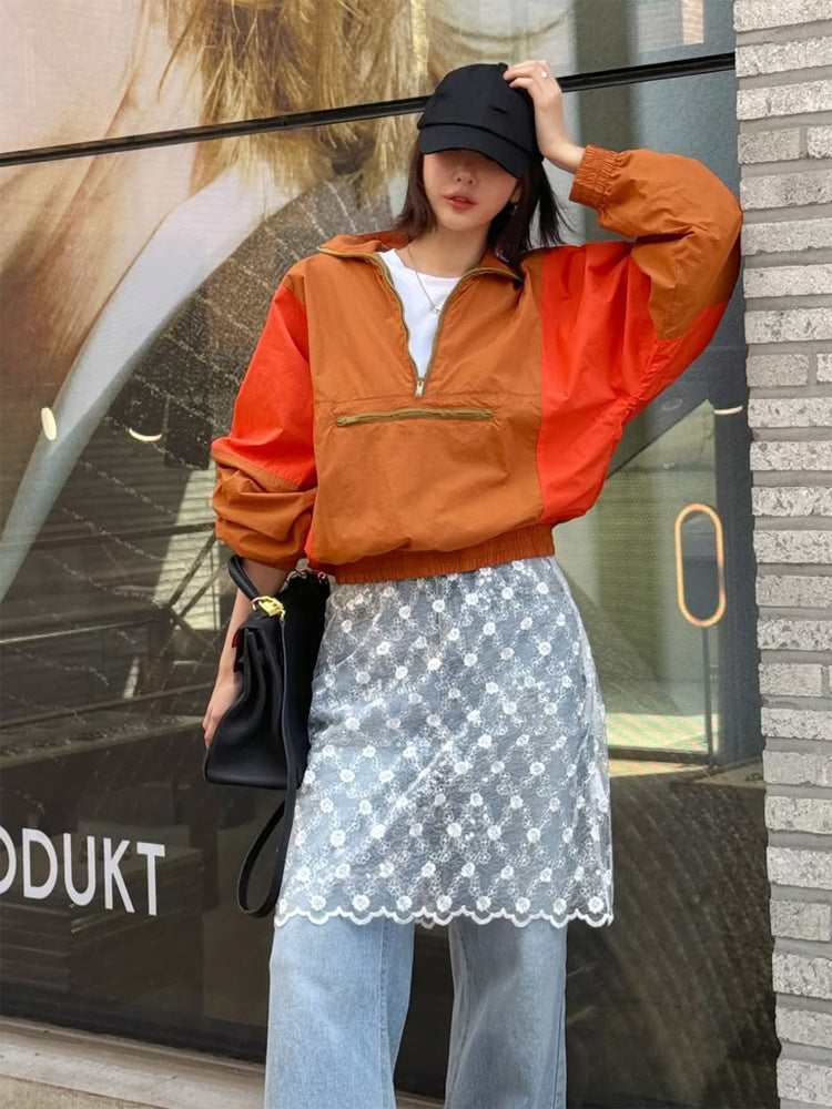 Damen Kurz geschnittene zweifarbige Halbzip-Utility-Jacke mit elastischem Saum und Reißverschlusstasche Drune