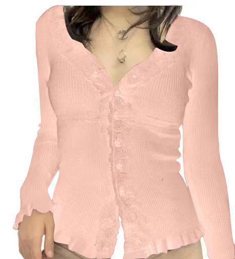 Damen Strickoberteil mit romantischem Spitzenbesatz und Rüschendetails Drune