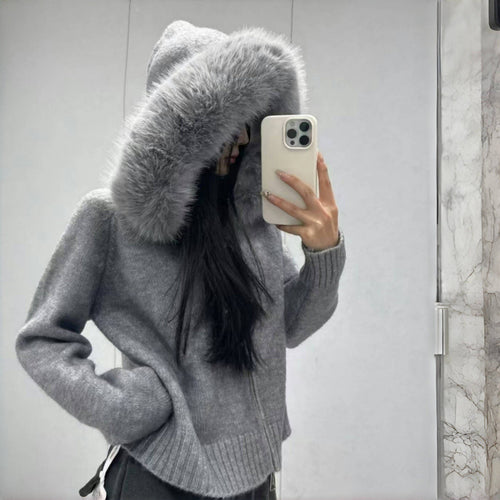 Damen Kapuzenpullover mit luxuriösem Pelzkragen und praktischen Taschen Drune