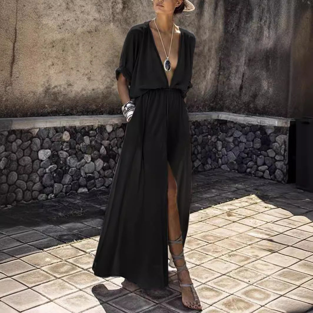 Damen Elegantes Maxikleid mit tiefem V-Ausschnitt und hohem Schlitz Drune