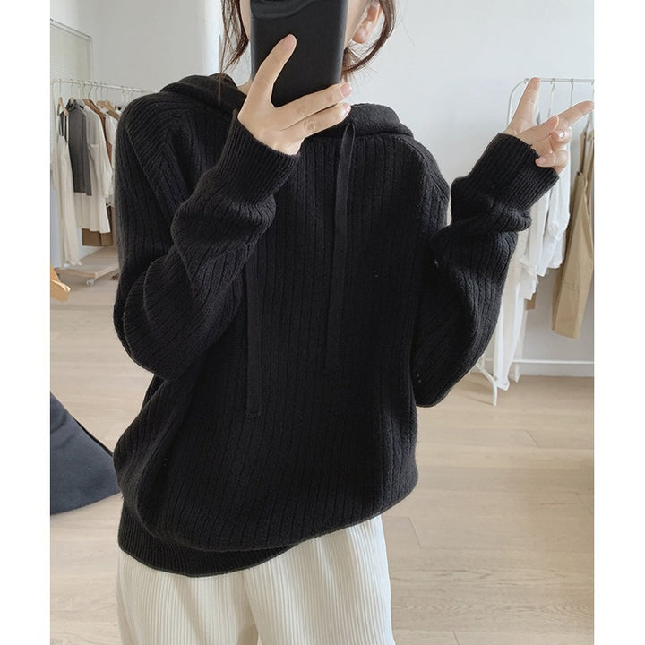 Damen lässiger Strickpullover mit Kapuze und feinem Rippenmuster Drune