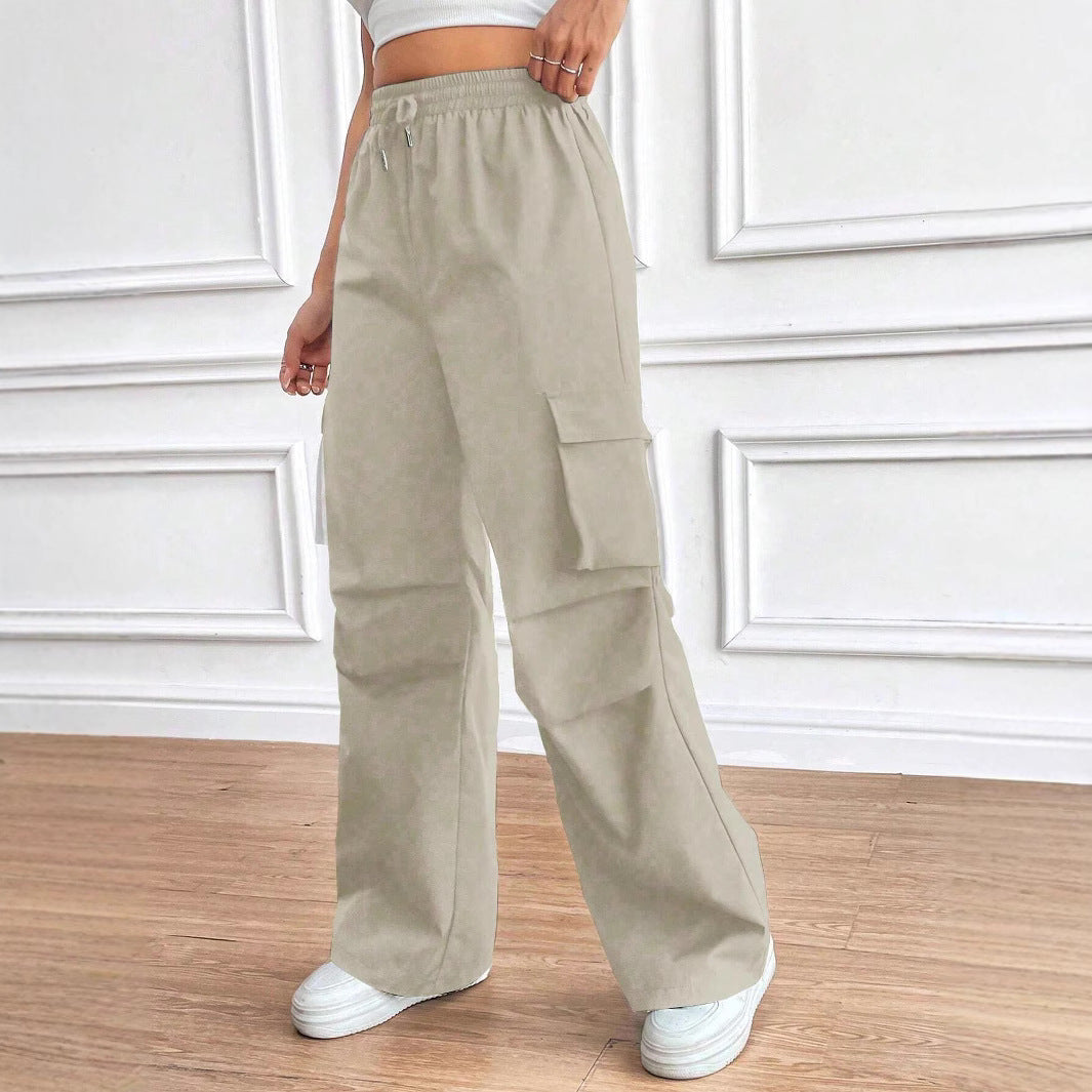 Damen Weite High‑Waist Cargo‑Hose mit Elastikbund und großen Klappentaschen Drune
