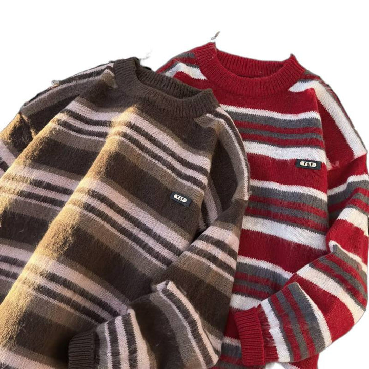 Unisex Gestreifter Oversize-Mohair‑Optik Pullover mit Rundhals und weicher Struktur Drune