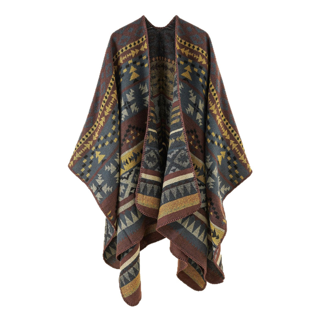 Damen Oversize Strickponcho mit Ethno-Geometrischem Muster Drune