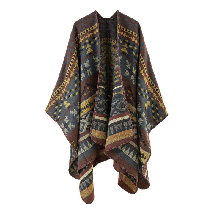 Damen Oversize Strickponcho mit Ethno-Geometrischem Muster Drune