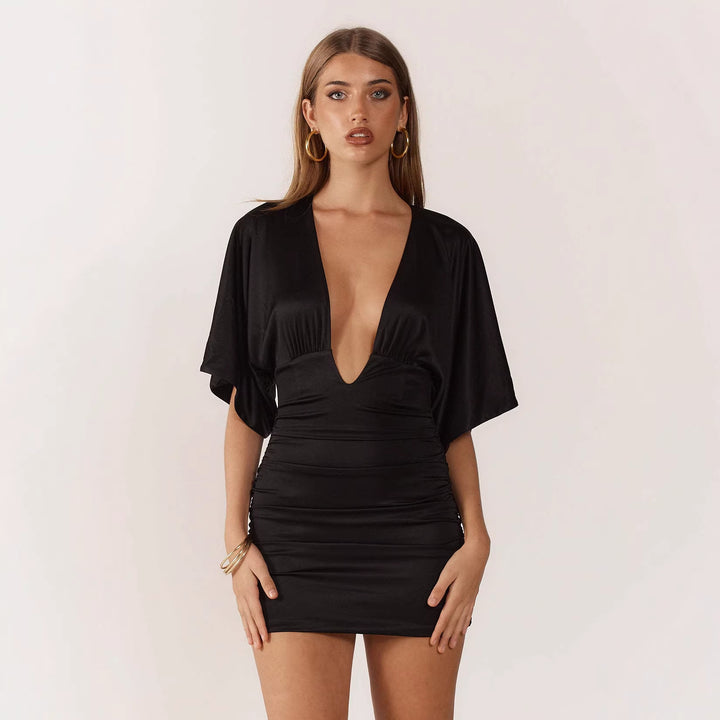 Damen Mini-Raffkleid mit tiefem V-Ausschnitt und fließenden Ärmeln Drune