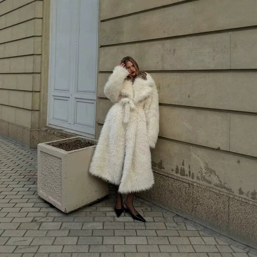 Damen Maxi Kunstpelzmantel mit voluminösem Schalkragen und Wickelgürtel Drune
