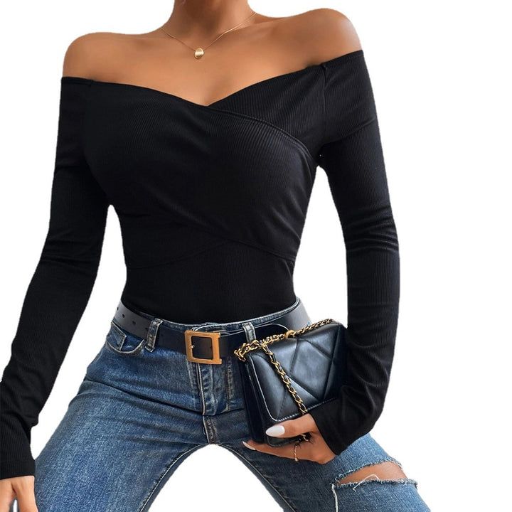 Damen schulterfreies Langarm-Rippstretch-Top mit Wickeloptik und figurbetonter Passform Drune