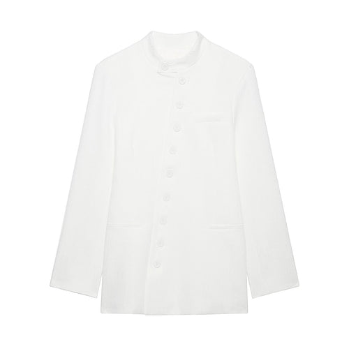 Damen Mandarin-Kragen Longblazer mit durchgehender Knopfleiste und aufgesetzten Taschen Drune