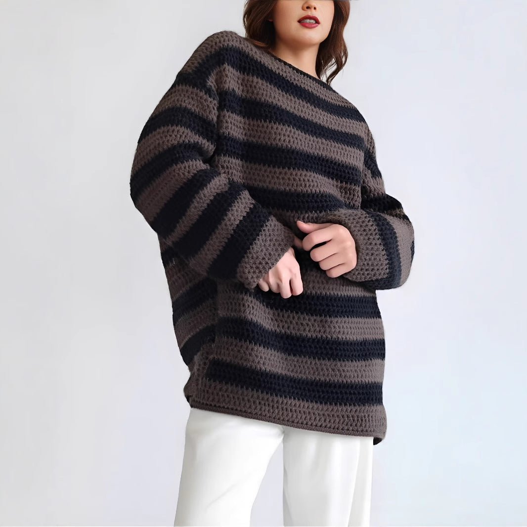Damen gestrickter Oversized-Pullover mit breitem Streifenmuster Drune