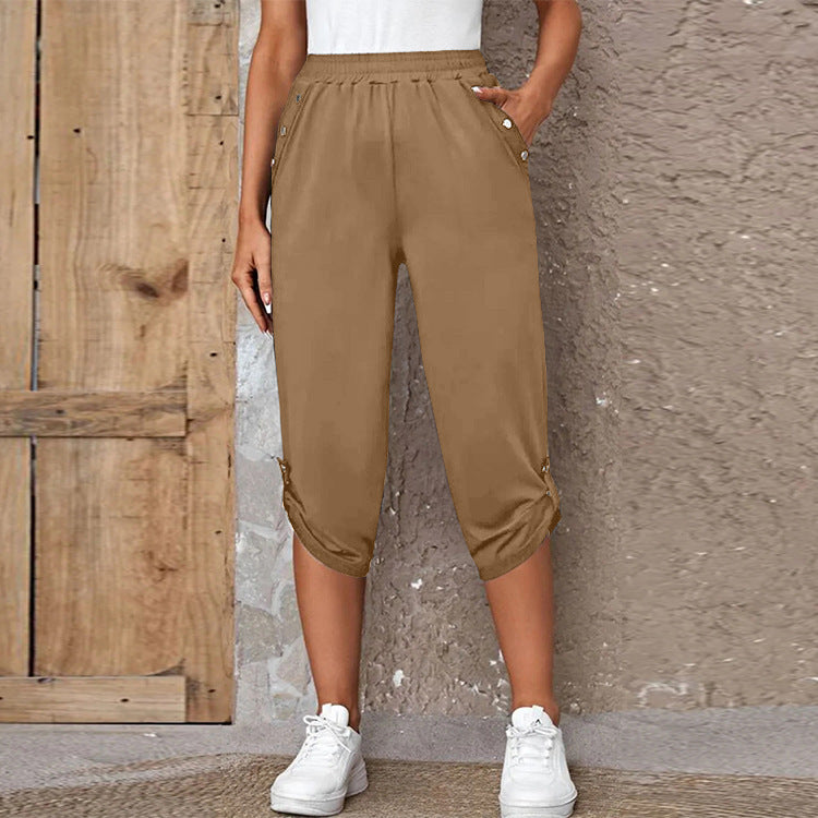 Damen nan lässige dreiviertellange Hose mit elastischem Bund, Eingrifftaschen und krempelbarem Saum Drune
