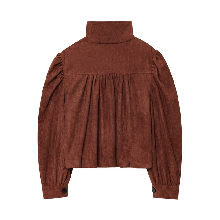 Damen Kurzjacke aus Velourslederimitat mit Stehkragen, gerafften Balloonärmeln und Knopfleiste Drune