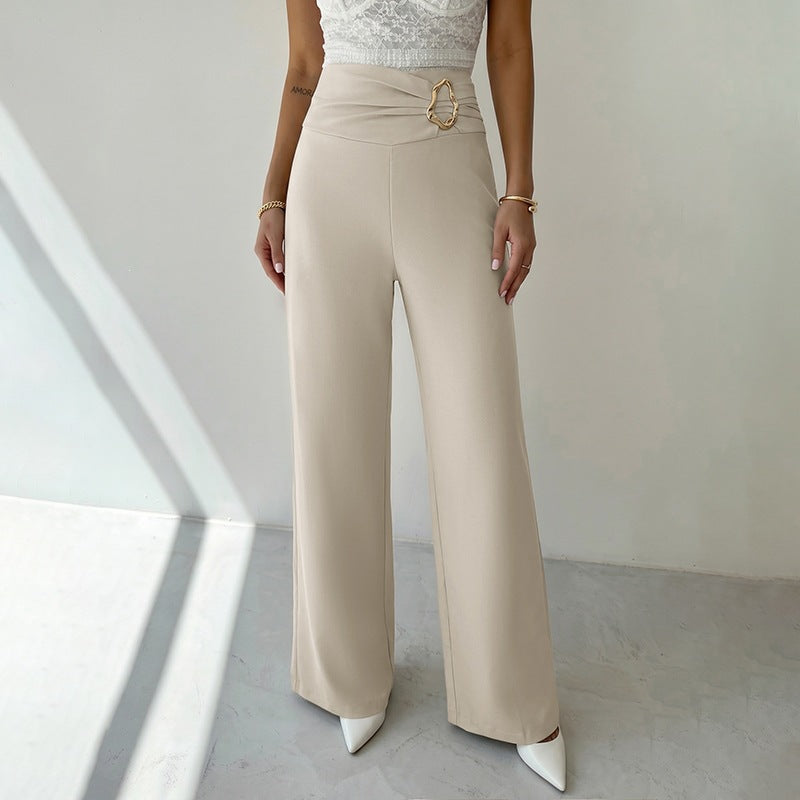 Damen Weitgeschnittene Hose mit Hohem Bund und Dekorativem Gürtel Drune