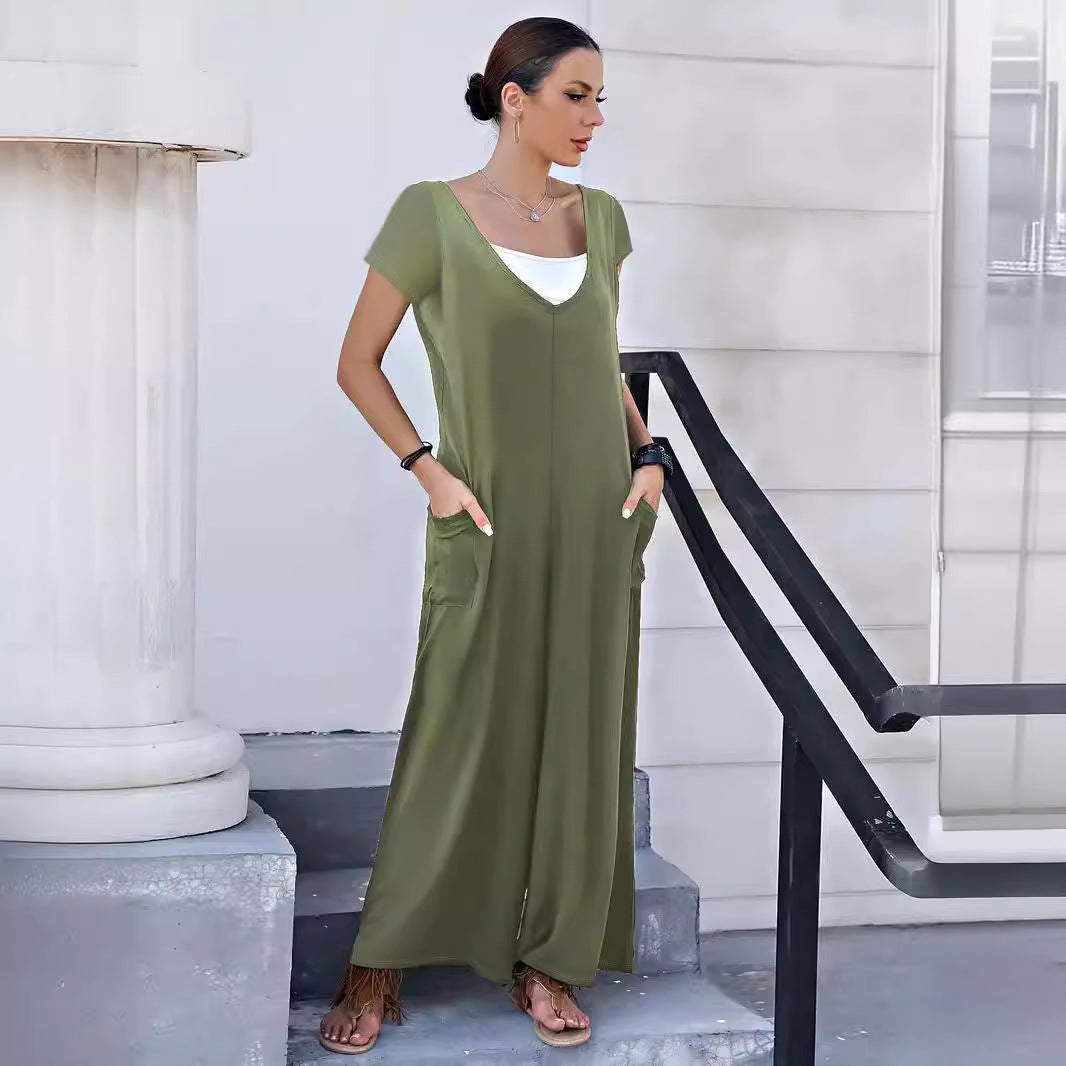 Damen Fließender Jumpsuit mit praktischen Taschen und V-Ausschnitt Drune