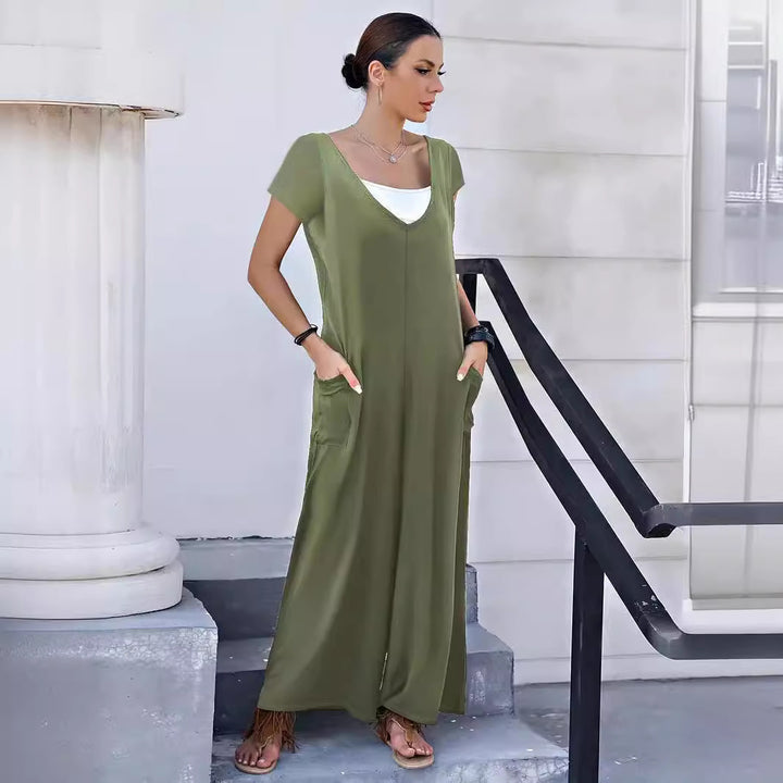 Damen Fließender Jumpsuit mit praktischen Taschen und V-Ausschnitt Drune