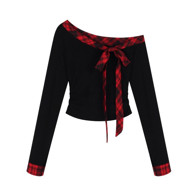 Damen Crop-Top mit modischem Off-Shoulder Design und karierter Schleife Drune