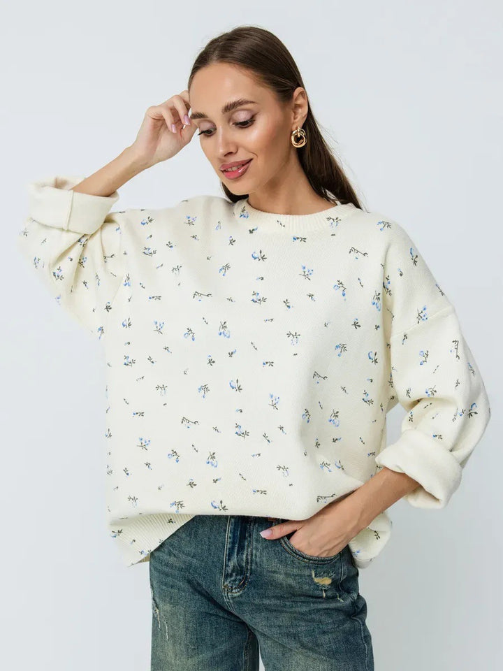 Damen Oversized Strickpullover mit floralen Akzenten und weitem Schnitt Drune