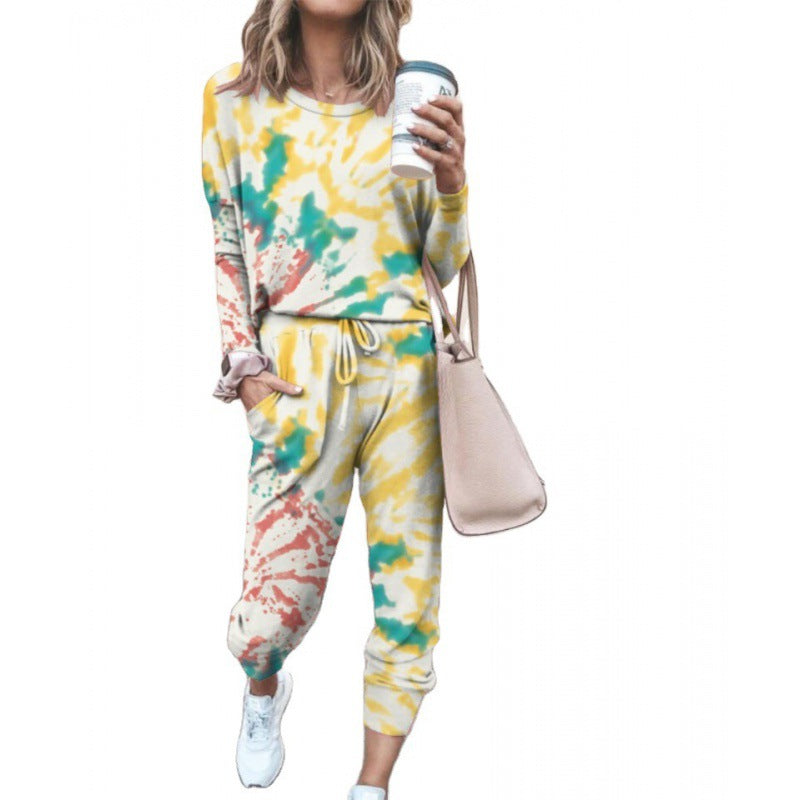 Damen Lässiger Tie-Dye Lounge-Jumpsuit mit Kordelzug und Eingrifftaschen Drune