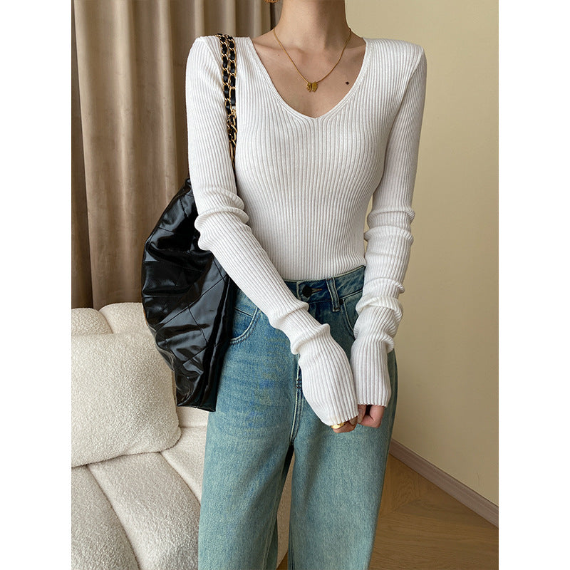 Damen Feinripp Langarmshirt mit V-Ausschnitt Drune