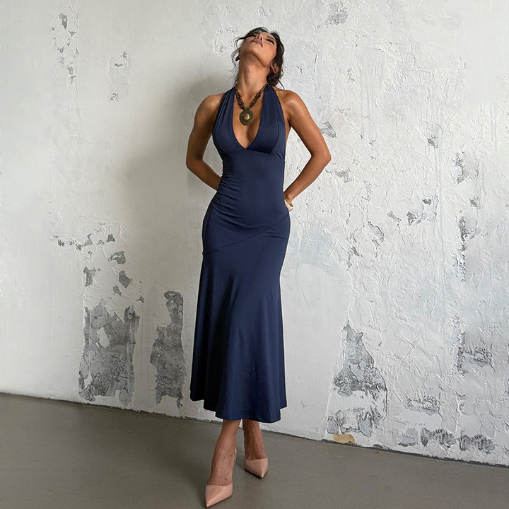 Damen elegantes Maxikleid mit tiefem V-Ausschnitt und raffiniertem Schleifendetail Drune