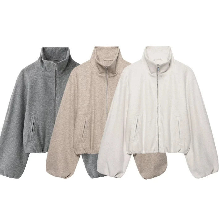 Damen Kurz geschnittene Wollmix-Jacke mit Stehkragen, Reißverschluss und Ballonärmeln Drune
