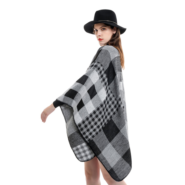 Damen Oversize-Umhang im Karomix aus Wollmix mit Häkelsaum Drune