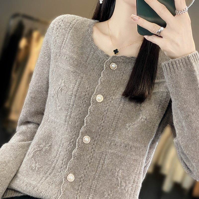 Damen Verzierter Strickcardigan mit Perlenknöpfen und Ajour‑Stickerei Drune