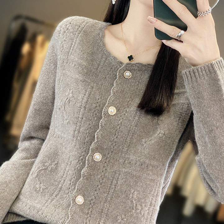 Damen Verzierter Strickcardigan mit Perlenknöpfen und Ajour‑Stickerei Drune