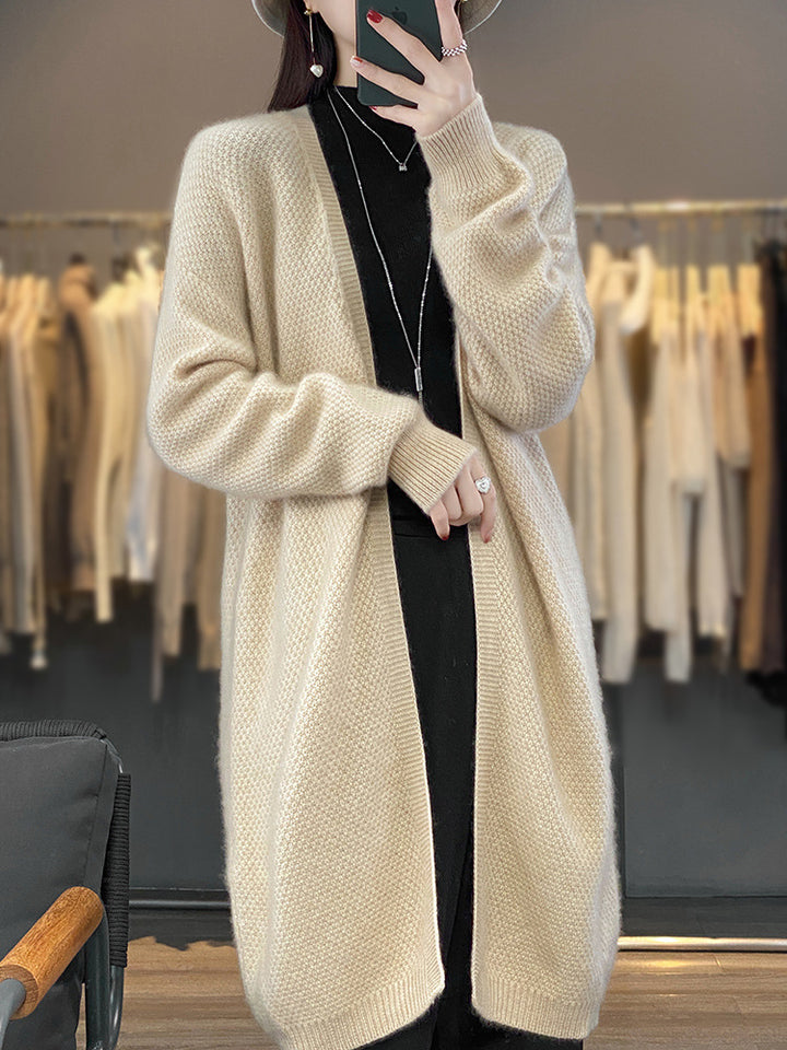 Damen Langer Offener Strickcardigan mit Samenmuster und gerippten Abschlüssen Drune