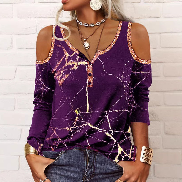Damen Off-Shoulder Langarm Henley-Oberteil mit Marmorprint und Paillettenbesatz Drune