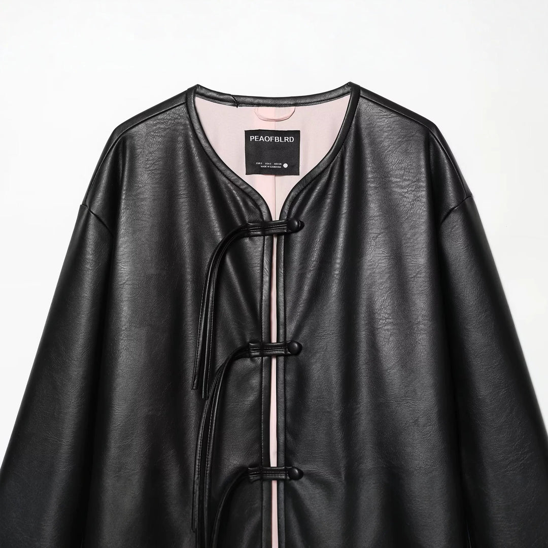 Damen Oversize Kunstlederjacke mit Kordel-Knotenverschluss und aufgesetzten Taschen Drune