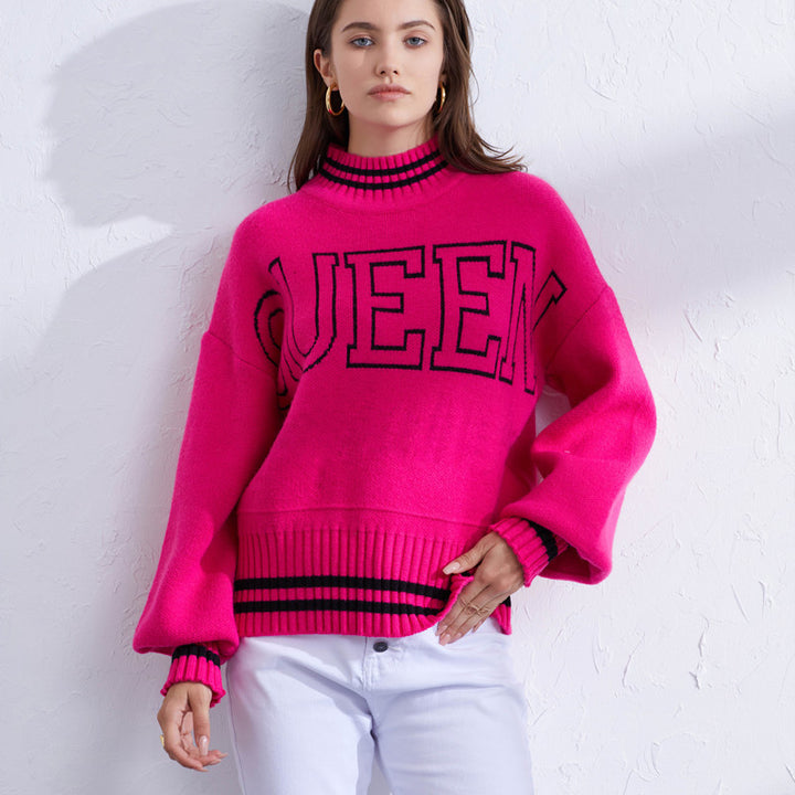 Damen sportlicher Pullover mit hohem Kragen und modischem Schriftzug Drune