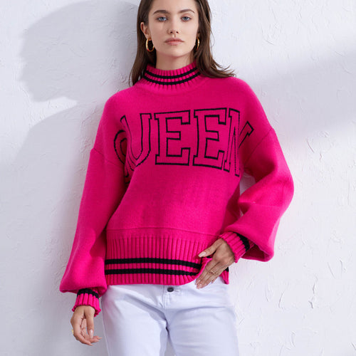 Damen sportlicher Pullover mit hohem Kragen und modischem Schriftzug Drune