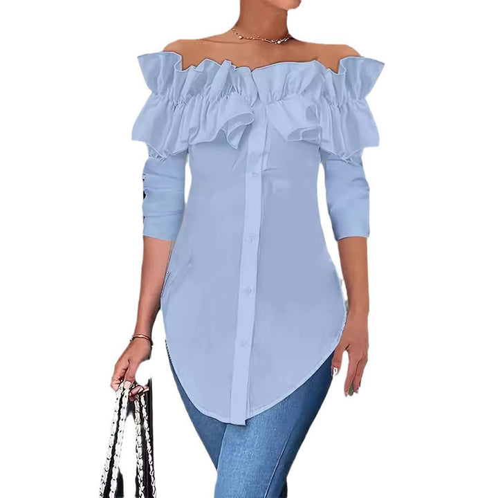 Damen Off-Shoulder Bluse mit Rüschen und Knopfleiste Drune