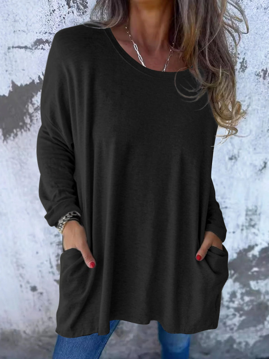 Damen Weiches Oversize Langarmshirt mit Rundhalsausschnitt, Lässigen Ärmeln und Seitentaschen Drune