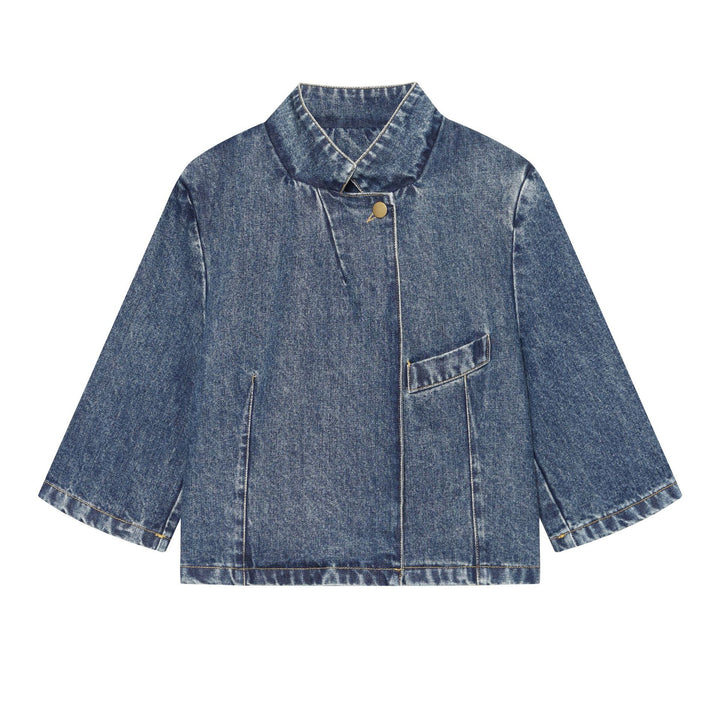 Damen Kurze boxy Jeansjacke mit Stehkragen, asymmetrischer Druckknopfleiste und aufgesetzter Brusttasche Drune